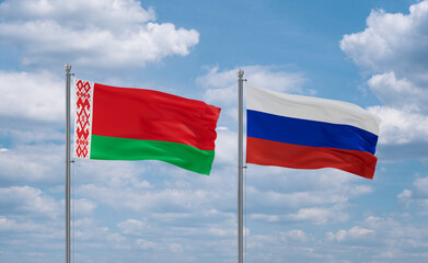 Russia and Belarus flags, country relationship concept