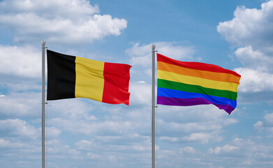 Gay Pride and Belgium flags, country relationship concept
