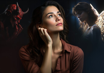 The Battle Within. Good Versus Evil. Woman in Thought. Contemplating Morality. Ethical Decision. Angel and Devil Concept. Pretty businesswoman. red devil. female angelical female. dark background.