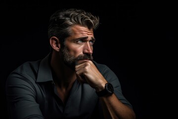 Fototapeta premium Man thinking, contemplating, thoughtful. Dark background. Stillness Within. Thoughtful Gaze. Serene Loneliness. Hand on chin. Handsome Businessman. Black wristwatch. shirt. beard. Mature man.