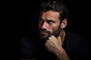 Fototapeta premium Man thinking, contemplating, thoughtful. Dark background. Lost in Thought. Introspective Portrait. Melancholic Serenity. Hand on chin. Handsome masculine man. dark hair. beard. black shirt. 