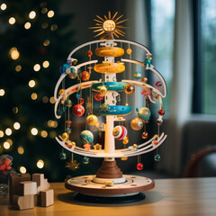 A rotating wooden tree with toys and decorations on a stand, against the background of a room with a garland and Christmas decor.