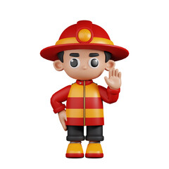 3d Character Firefighter Hands Up Pose. 3d render isolated on transparent backdrop.