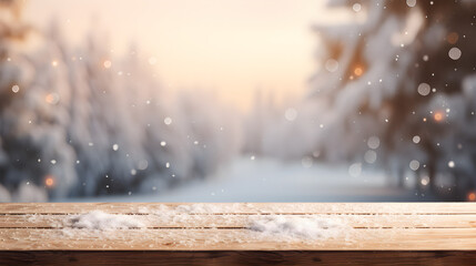 Winter coziness on a rustic wooden table with blurred living room decor, perfect for showcasing your product - mockup banner,