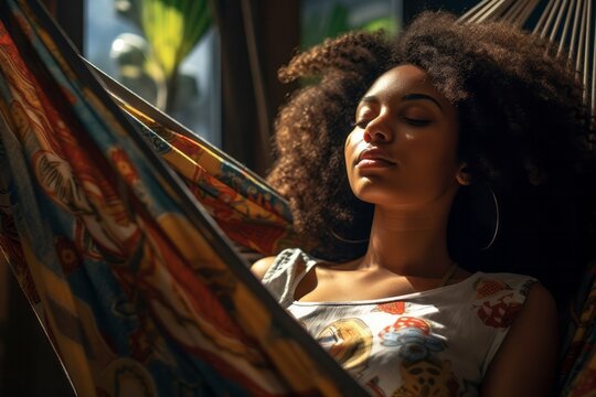 African American woman lying in a hammock in the sun, relaxing at a resort, vacation lifestyle summer.