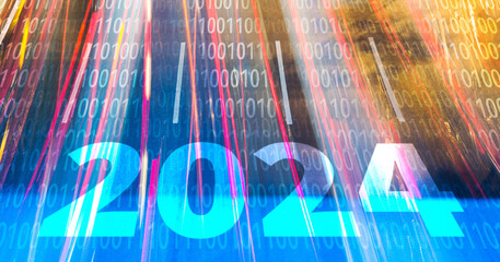 2024 text written on multi colored flowing binary code background