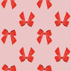 Red ribbons bows on a light Pink background seamless pattern. Pink collection. Template for Cotton Fabric for Sewing, Patchwork, Print Design Tissue, textile Cloth Fabrics. Vector Flat illustration.