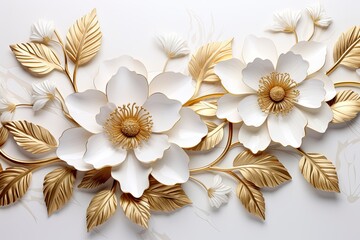 3d gold flowers white backgroung.