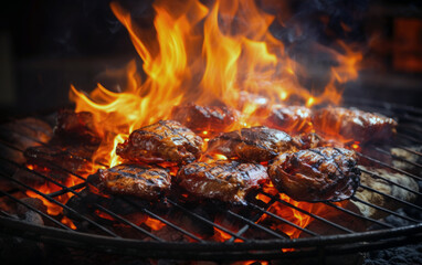 Grilled meat on the grill with flames. Close-up. High quality photo