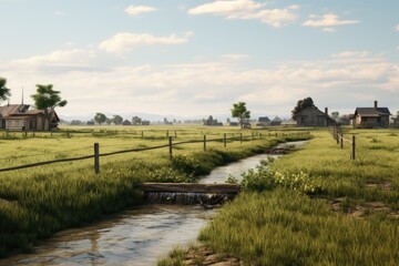 Fototapeta premium Small Stream Running Through Lush Green Field