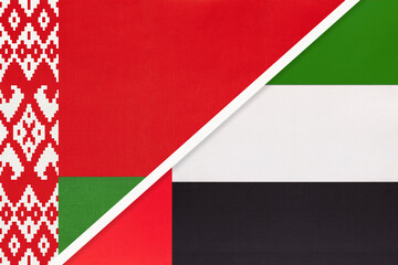 Belarus and United Arab Emirates or UAE, symbol of country. Belarusian vs Emirati national flags.