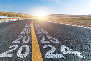 Empty asphalt highway with new number 2024, 2025, 2026 and 2027 - obrazy, fototapety, plakaty