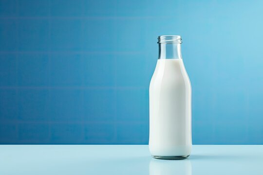 A glass bottle with full milk on blue background.