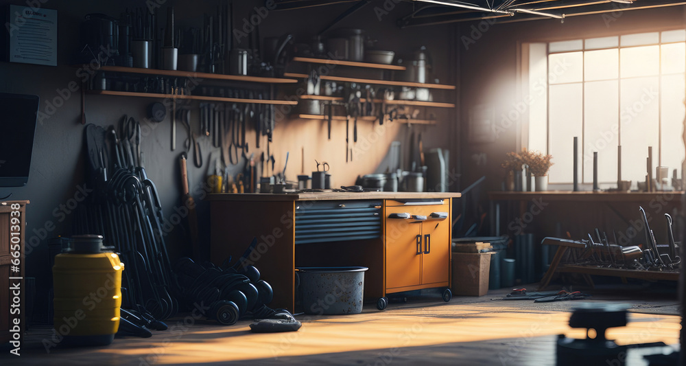 Wall mural interior garage with mechanic tools