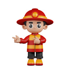 3d Character Firefighter Pointing Fingers In Direction Pose. 3d render isolated on transparent backdrop.