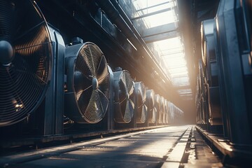Row of Air Conditioning Units in Warehouse - obrazy, fototapety, plakaty