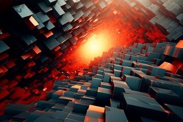 Abstract 3d rendering of chaotic cubes. Futuristic background with glowing lights - obrazy, fototapety, plakaty