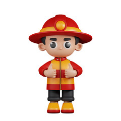 3d Character Firefighter Showing Thumbs Up Pose. 3d render isolated on transparent backdrop.