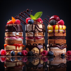 Three layered desserts decorated with berries (raspberries, blueberries, strawberries), chocolate and mint on a black background with reflection.