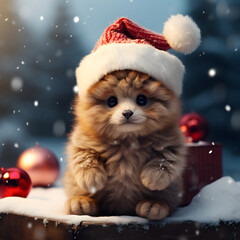 Fototapeta na wymiar Festive Bear Embracing the Snow with Santa Hat - Cartoon Christmas and New Year Concept