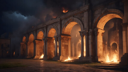 ancient classic architecture stone arches fires, background