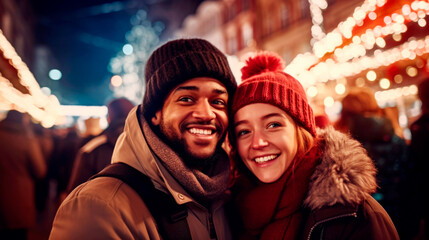 Mixed couple having a walk on a winter day. Christmas feeling concept. Ai generated