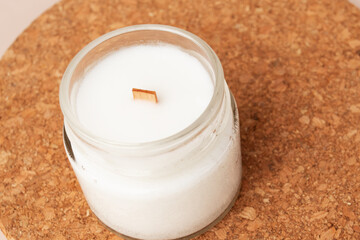 Candle on a cork stand, minimal design, eco-friendly decor