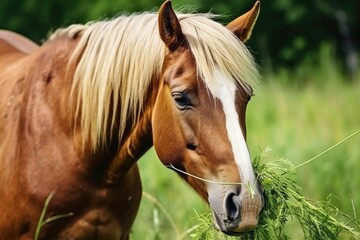 Naklejka na ściany i meble Brown horse with blond hair eats grass on a green meadow detail from the head.