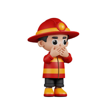 3d Character Firefighter Affraid Pose. 3d render isolated on transparent backdrop.