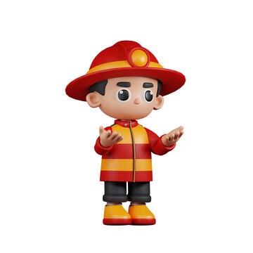 3d Character Firefighter Angry Pose. 3d render isolated on transparent backdrop.