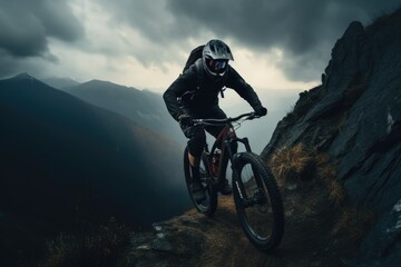 Man Riding Mountain Bike on Rocky Trail - obrazy, fototapety, plakaty