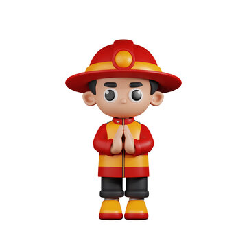 3d Character Firefighter Apologizing Pose. 3d render isolated on transparent backdrop.