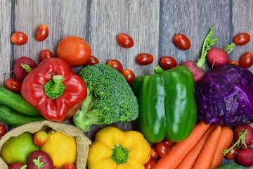 Healthy food background, healthy vegetarian food in paper bags, fruits and vegetables, banner copy space, supermarket shopping, food and clean vegetarian diet concept, organic fruits and vegetables co