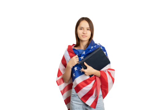 student in the american flag isolated, studying in the usa, language learning, foreign education, international university, language school - Powered by Adobe