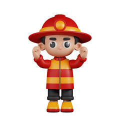 3d Character Firefighter Excited Pose. 3d render isolated on transparent backdrop.