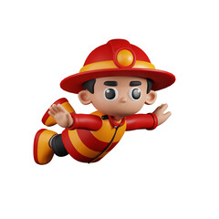 3d Character Firefighter Flying Pose. 3d render isolated on transparent backdrop.