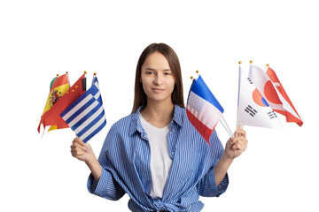 student with different flags isolated, Learning at a language school, foreign education, immigration, working abroad, international university, © yta