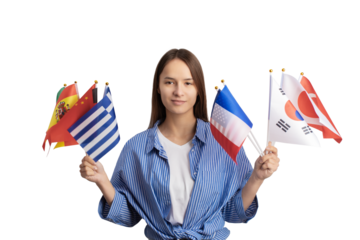 student with different flags isolated, Learning at a language school, foreign education, immigration, working abroad, international university,