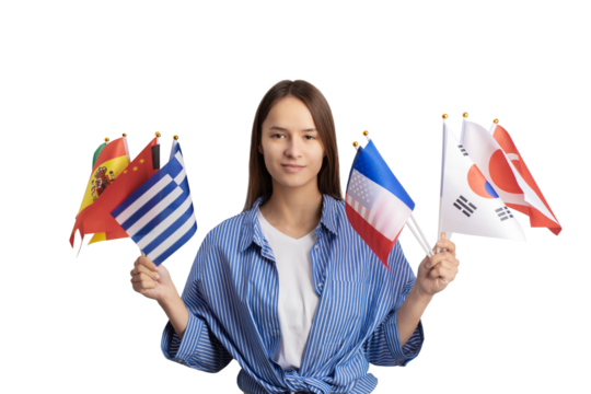 student with different flags isolated, Learning at a language school, foreign education, immigration, working abroad, international university,