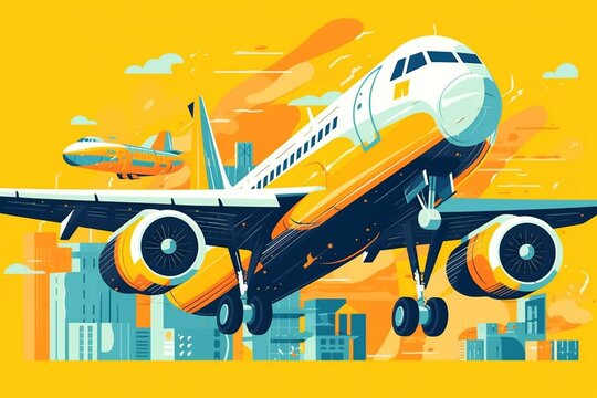 Modern Yellow Airplane Illustration For Travel Vacation Concept. Generative AI