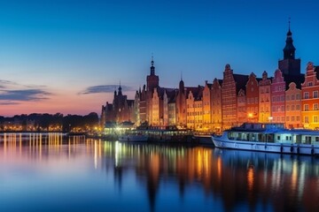 Fototapeta na wymiar Stunning view of Gdansk on the Motlawa river during dusk in Poland. Generative AI
