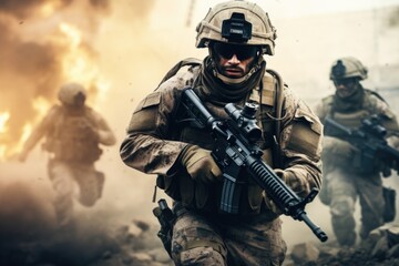 Soldiers walking through a field