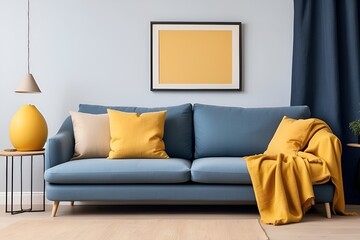 Modern Scandinavian interior design of Living Room: Blue Couch with Yellow Cushions, Blanket, and Beige Wall with Framed Art mockup
