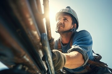 Man Climbing Ladder with Hard Hat