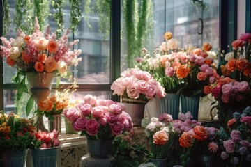 Fototapeta na wymiar Window Filled with Various Types of Flowers