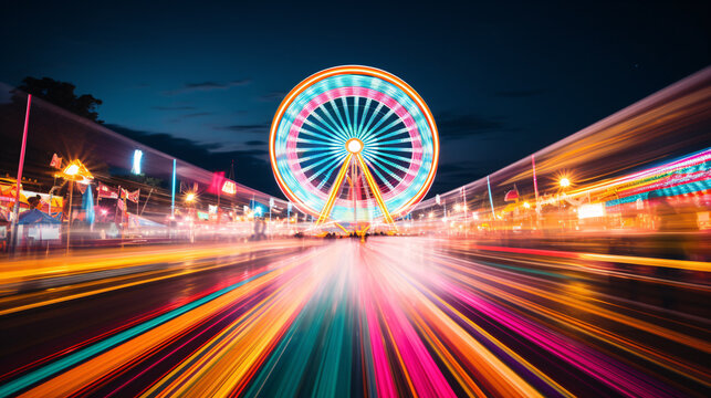 A beguiling long-exposure image showcasing the dazzling trails of hued light made by a roundabout at a blooming carnival.