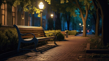 Fototapeta na wymiar Close-up shot of inviting benches nestled along a quiet night alley in a city park