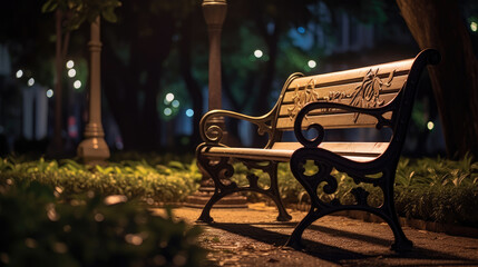 Close-up shot of inviting benches nestled along a quiet night alley in a city park