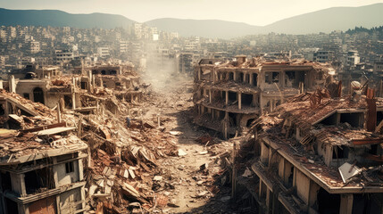 Fototapeta premium A city that has been reduced to ruins as a result of a devastating earthquake