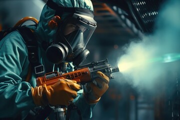 Man in Gas Mask Holding Gun